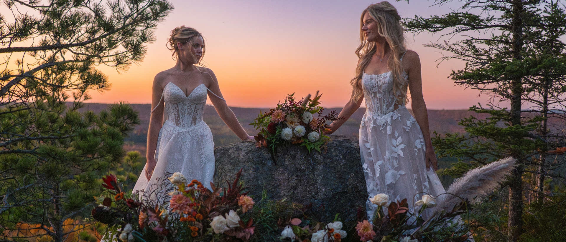 Photo of the models wearing a white gowns